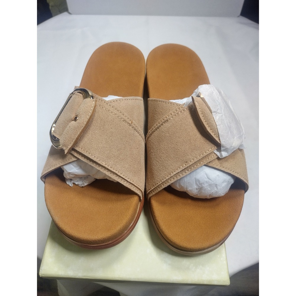 Tan Faux Suede Flat Slide Sandals with Gold Buckle XBK-DK-013 Size 7.5